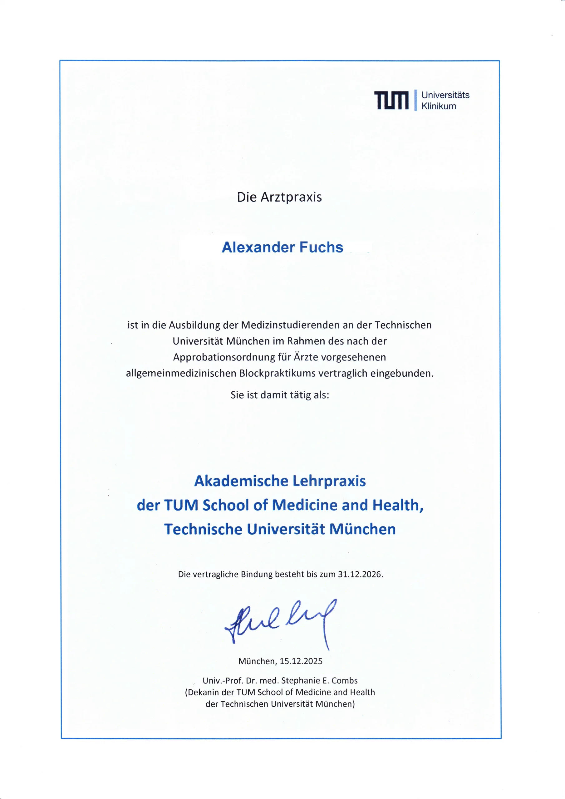 Urkunde zur Ernennung als Akademische Lehrpraxis der TU München