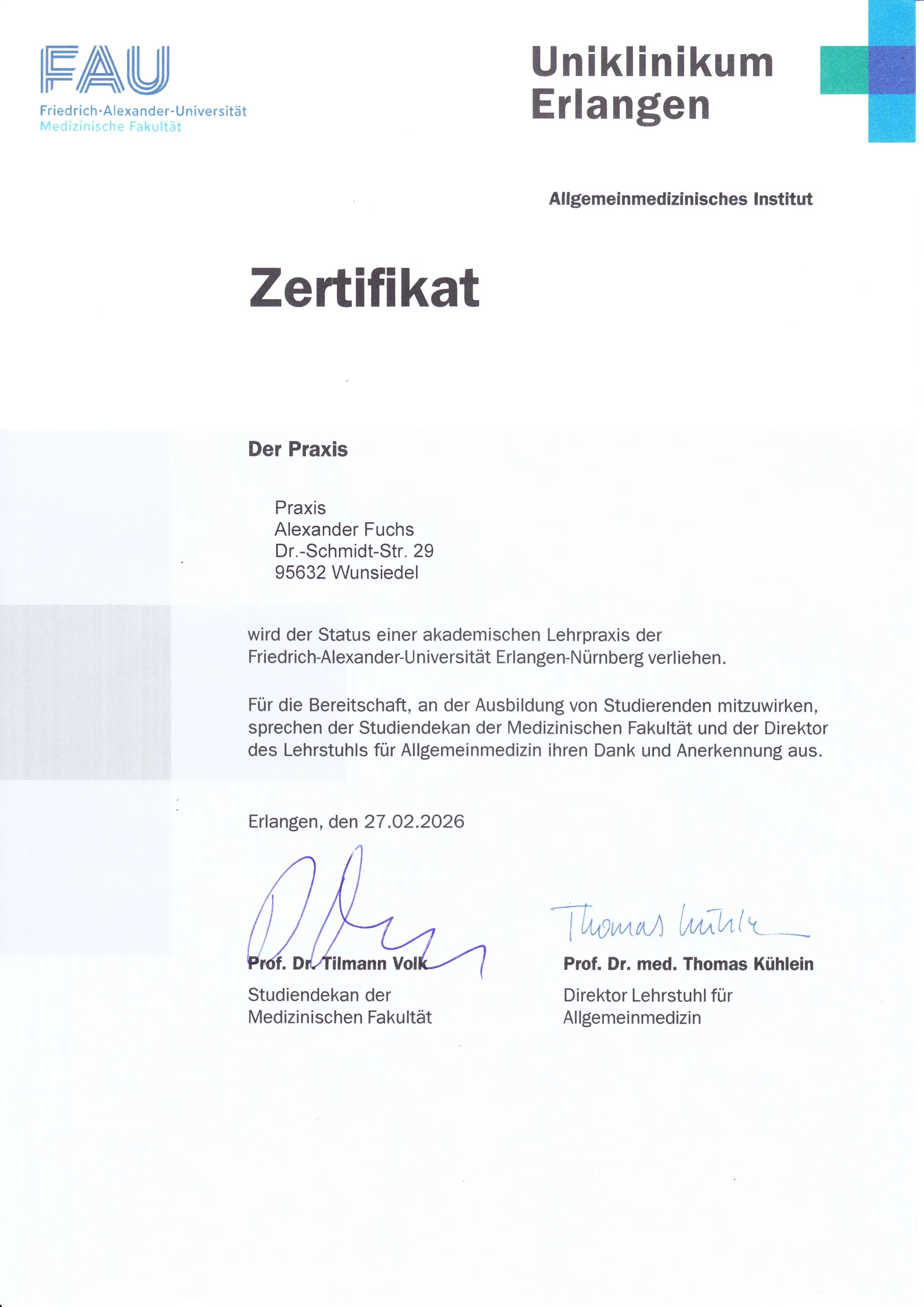 Urkunde zur Ernennung als Akademische Lehrpraxis der Uni Erlangen