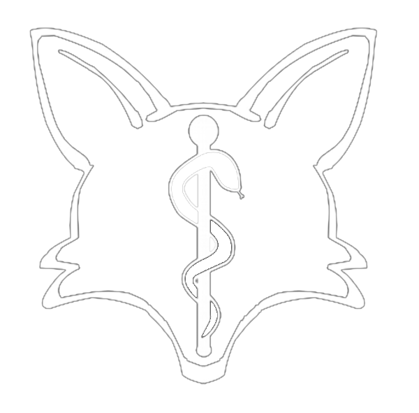 Das Logo der Praxis Fuchs: Die Umrandung zeigt einen stilisierten Fuchs, der einen Äskulapstab umrandet.